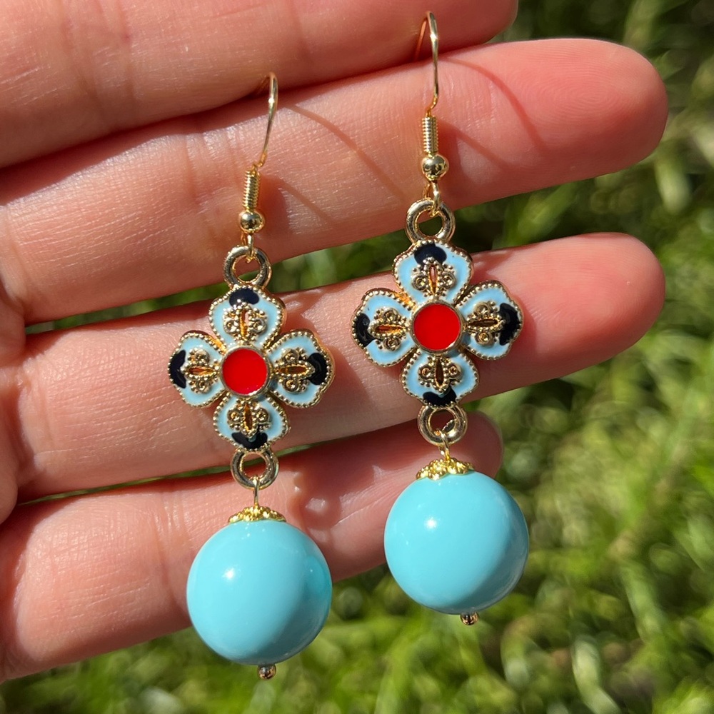 Gold plated faux turquoise drop earrings‎ 0175